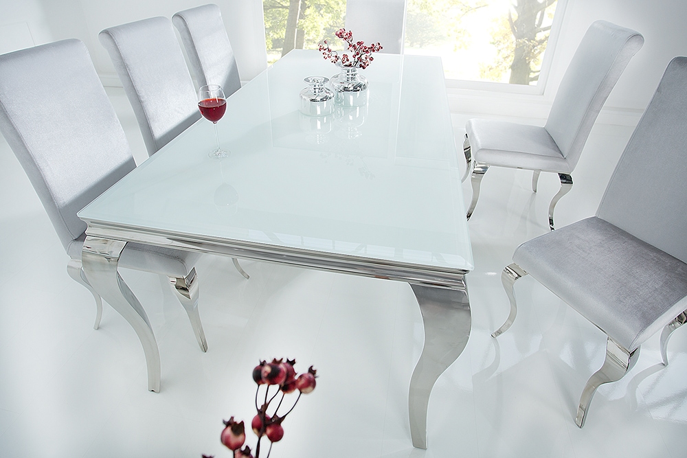 Design Esstisch MODERN BAROCK 200cm weiß Opalglas Tischplatte Edelstahl