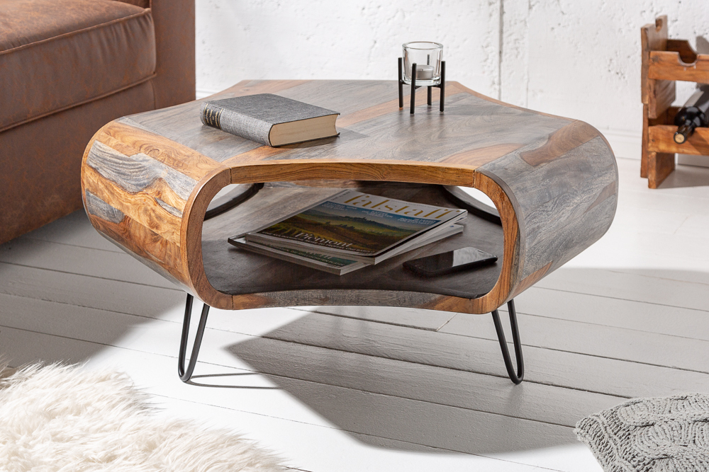 Retro Couchtisch ORGANIC LIVING 80cm grau smoke finish Sheesham Palisander Massivholz Hairpin Legs