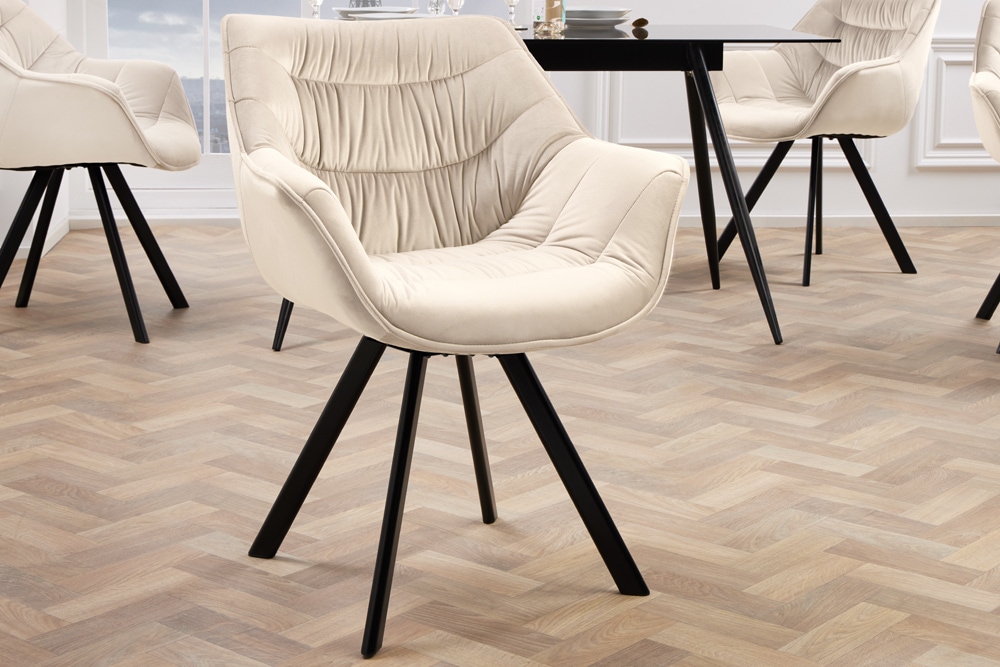 Drehbarer Stuhl THE DUTCH COMFORT champagner beige Samt schwarze Metallbeine