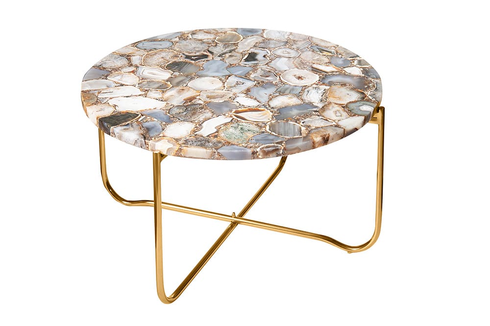 Runder Couchtisch NOBLE 65cm Edelstein Achat abnehmbare Tischplatte goldenes Metallgestell