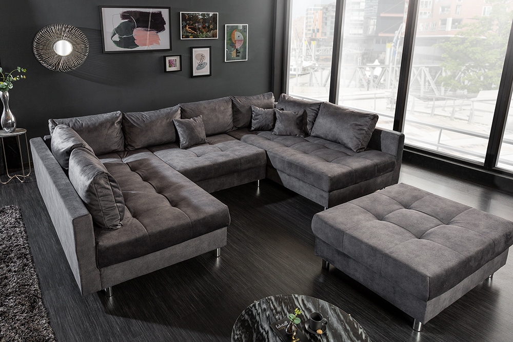Moderne XXL Wohnlandschaft KENT 305cm grau Samt Bigsofa inkl. Hocker Federkern