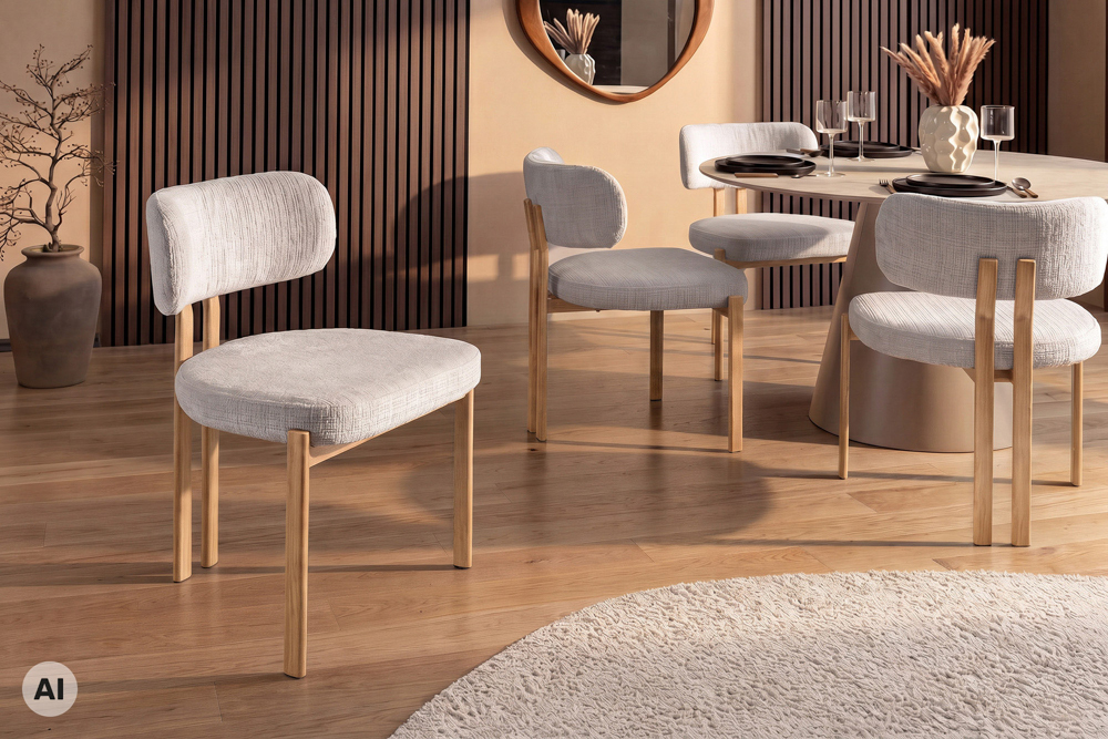 Design Stuhl BELLANO creme beige Chenille Cremona Metallgestell Eiche