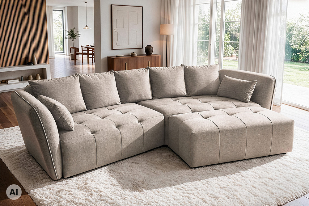 Moderner Hocker ROYAL 120cm greige Veloursstoff Federkern Sitzhocker