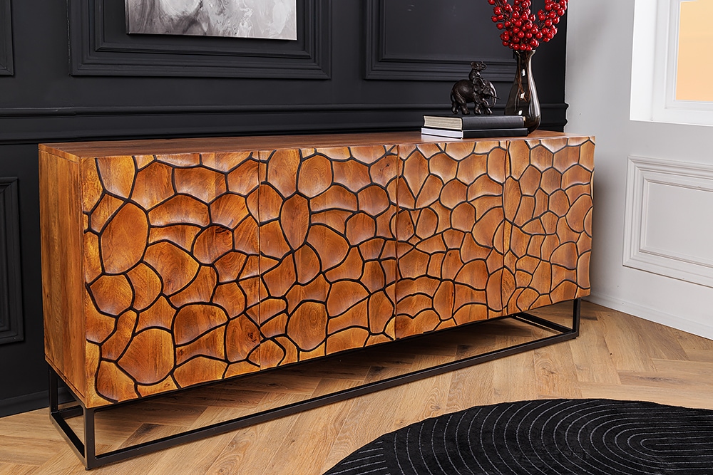 Massivholz Sideboard VULCANO 180cm braun Mangoholz mit 3D Schnitzereien handmade Metallgestell schwarz