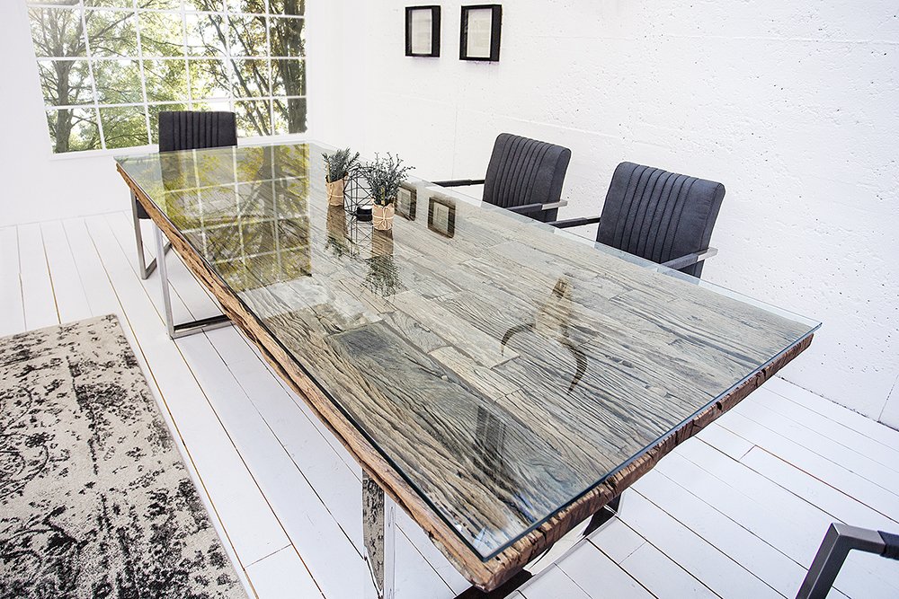Massiver Esstisch BARRACUDA 180cm antik Teak Holz mit Stahl Kufenfüßen inkl. Glasplatte