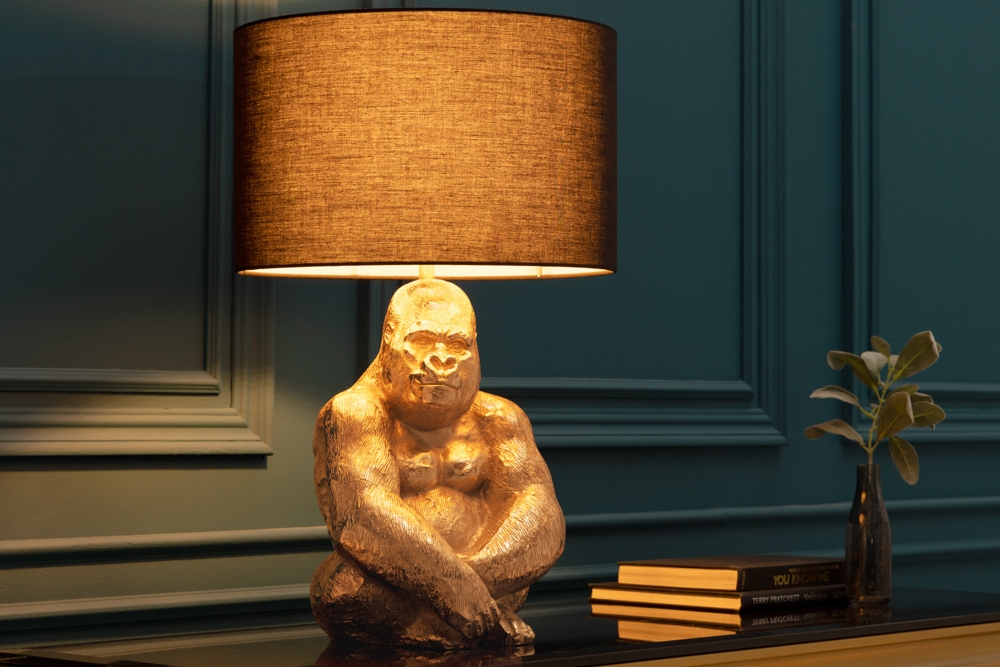 Design Tischlampe KONG 60cm gold Metall Affenlampe schwarzer Lampenschirm
