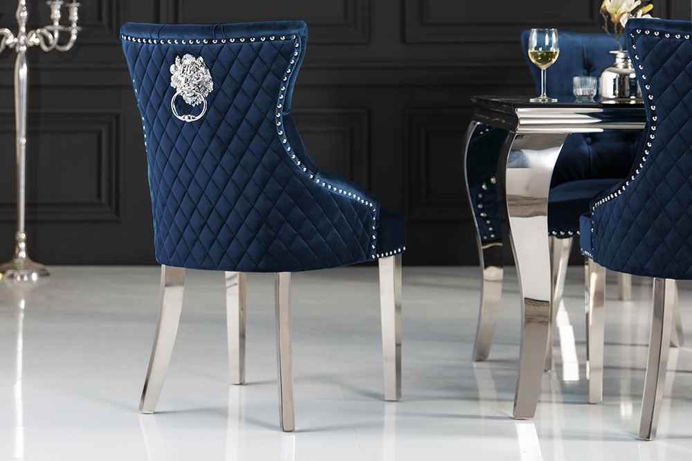 Barock Stuhl CASTLE DELUXE royalblau Samt Löwenkopf Chesterfield Design Esszimmerstuhl Nieten
