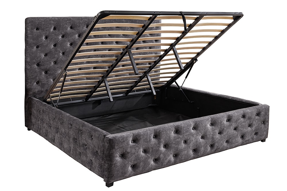 Boxbett PARIS 180x200cm grau Samt mit Stauraum und Lattenrost