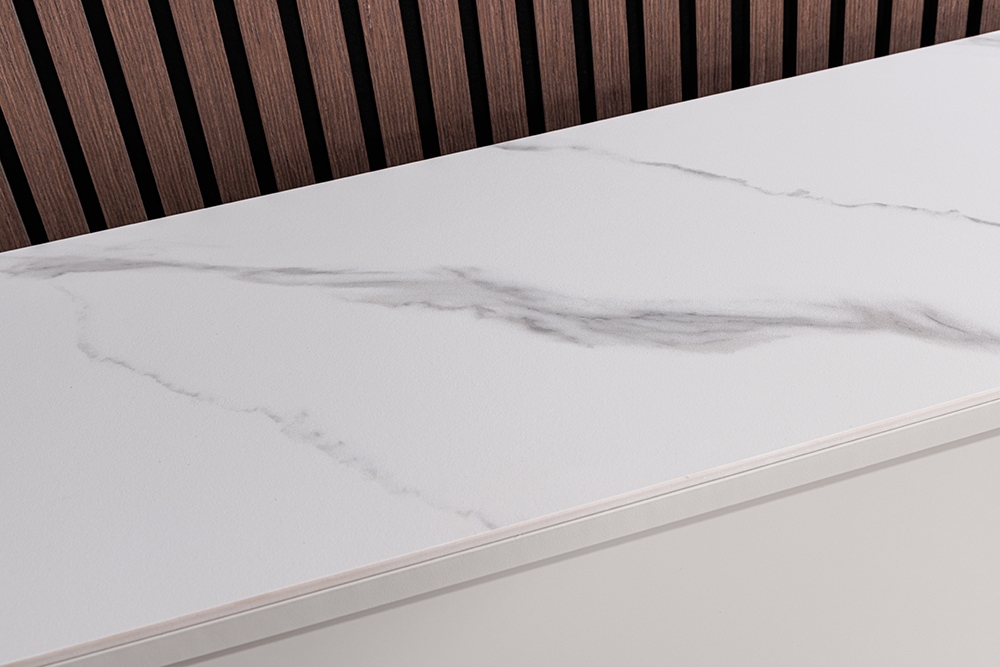 Design Highboard SAVOY 130cm kaschmir weiß Marmor Keramik mit Stauraum und 3D-Front