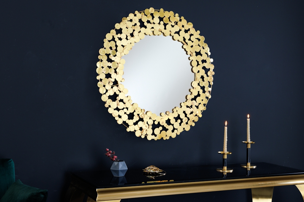 Dekorativer Wandspiegel COINS 80cm XL antik gold rund aus Metall handmade Dekorativer Wandspiegel COINS 80cm XL antik gold rund aus Metall handmade