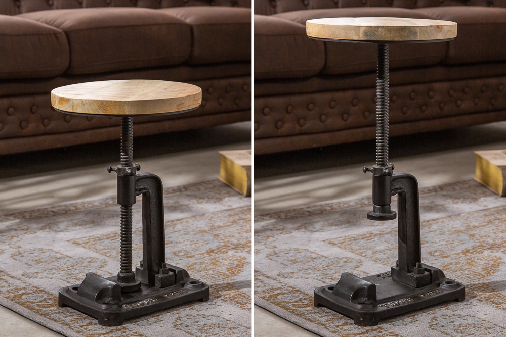 Höhenverstellbarer Beistelltisch ENGINEER 30cm Mangoholz Industrial Design massiv rund Eisen