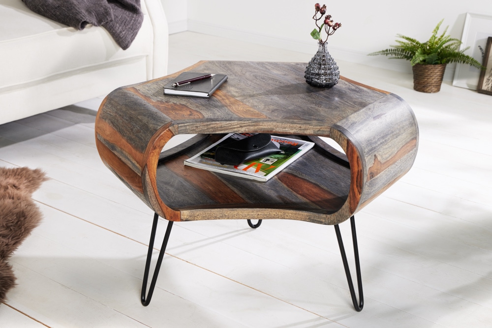 Retro Couchtisch ORGANIC LIVING 70cm grau Sheesham Massivholz mit Stauraum Hairpin Legs