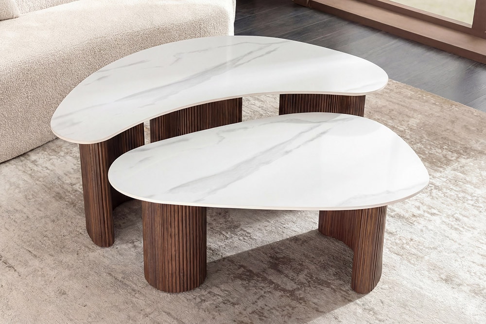 2er Set Couchtische OSAKA 120cm weiß Marmor Keramik Walnuss