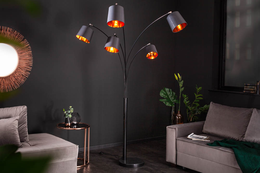 Design Bogenlampe LEVELS 205cm schwarz gold 5 neigbare Leinenschirme Stehlampe