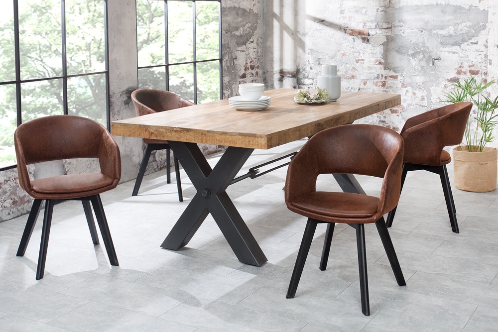 Design Stuhl NORDIC STAR antik braun Microfaser Massivholz schwarz mit Armlehne gepolstert