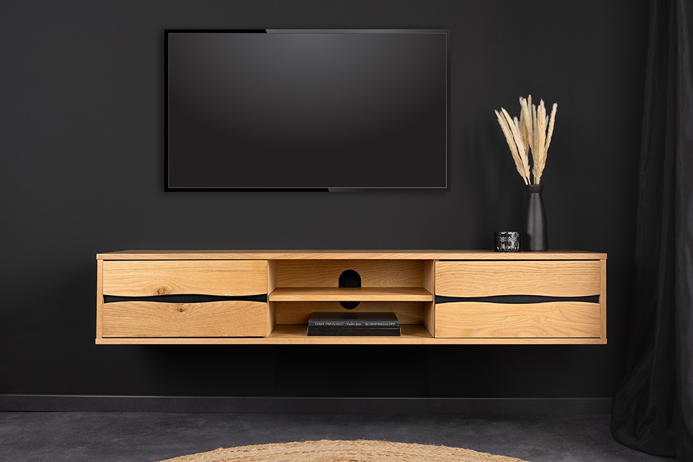 Hängendes TV-Lowboard LIVING EDGE 160cm natur schwarz Wildeiche geölt Baumkante