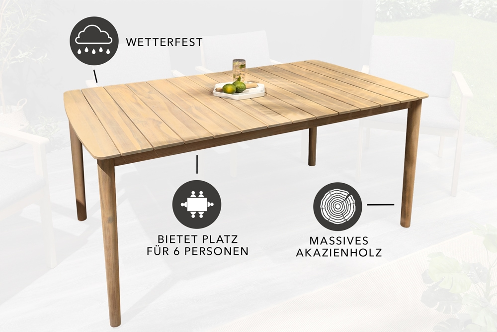 Wetterfester Gartentisch KOPENHAGEN 160cm natur Akazie Massivholz Bootsform Outdoor