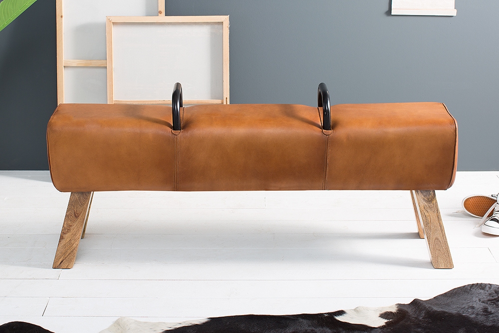 Retro Sitzbank TURNBOCK 134cm mit Echtleder Bezug Mangoholz Bank