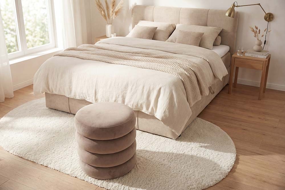 Runder Polsterhocker VOGUE 40cm champagner greige Samt mit Stauraum