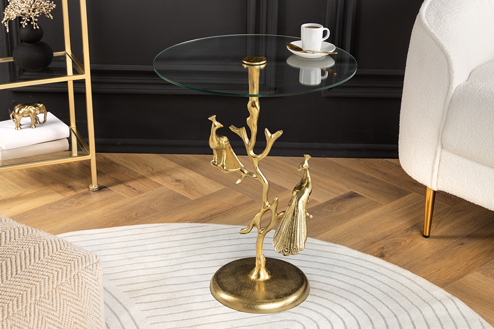Runder Beistelltisch WILDLIFE PEACOCK 60cm gold Glasplatte Metall Pfauen-Skulptur