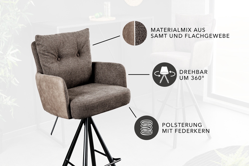 Drehbarer Design Barhocker BIG GEORGE taupe Samt Taschenfederkern mit Armlehnen Metall