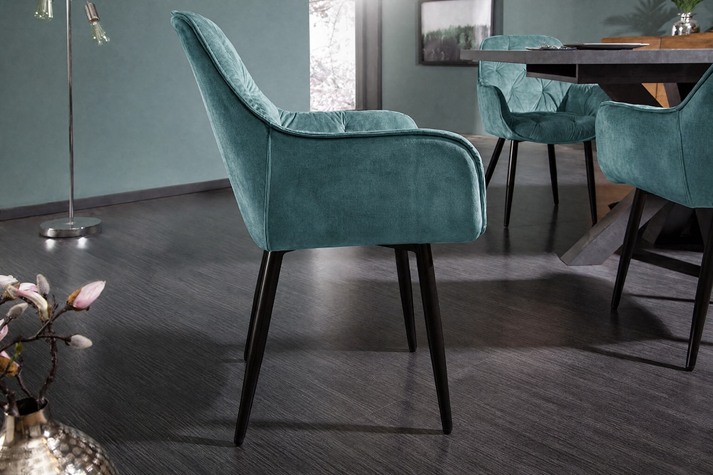 Design Stuhl MILANO petrol Samt mit Armlehne Ziersteppung gepolstert schwarze Metallbeine