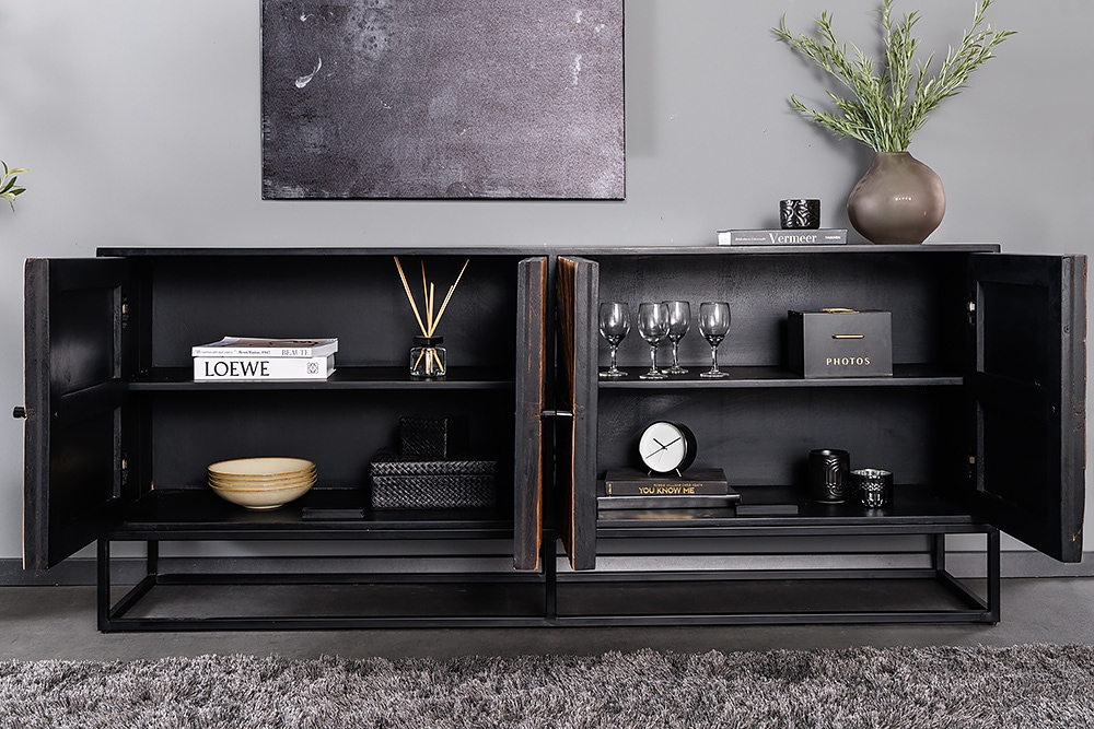 Massives Sideboard BARRACUDA 180cm braun Mangoholz mit Teakholz-Front schwarz Metall