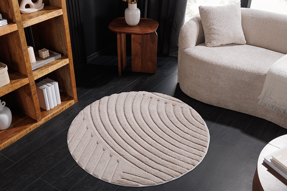 Runder 3D strukturierter Kurzflor Teppich ART DECO 80cm beige creme Hoch-Tief-Effekt