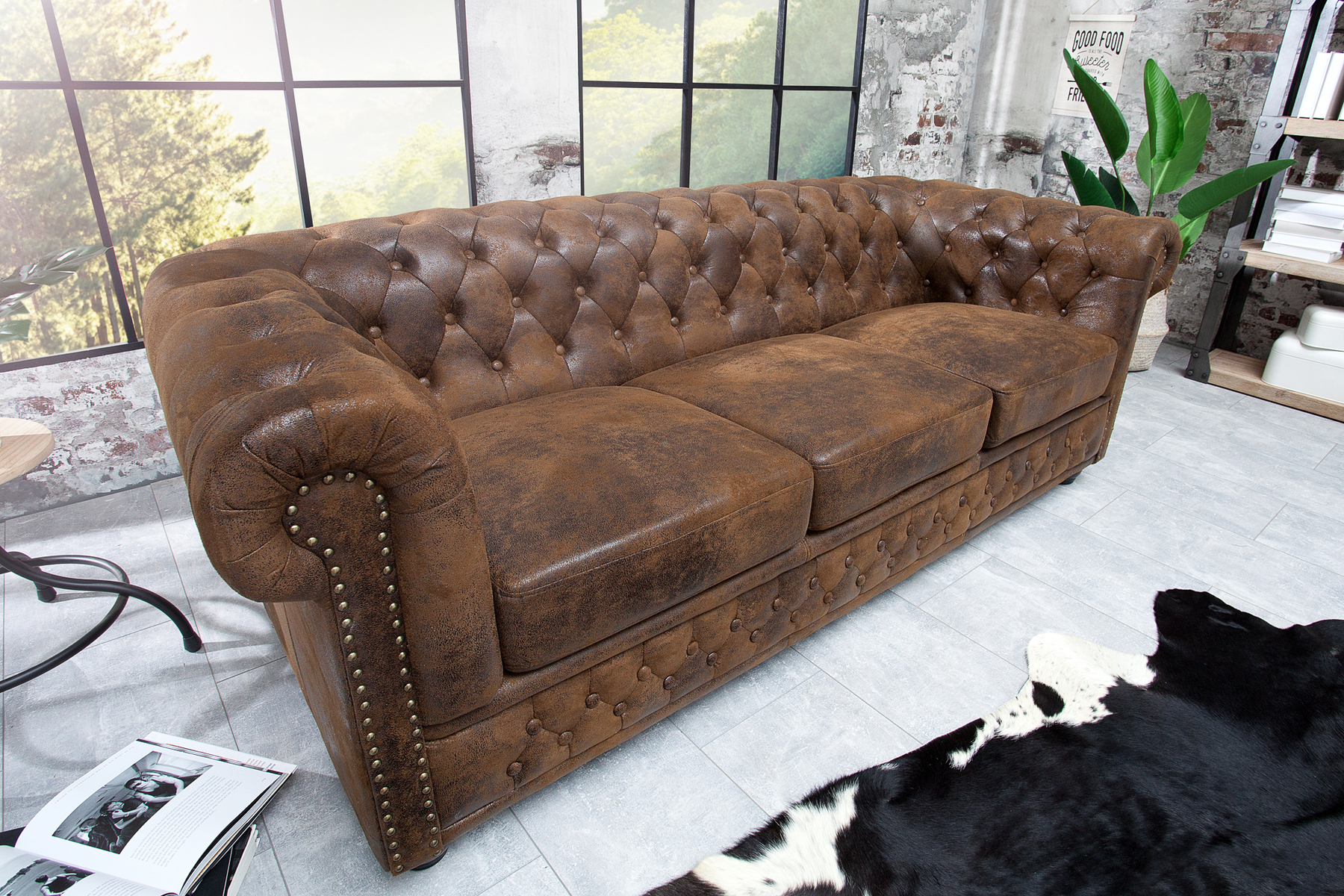 Chesterfield 3-Sitzer Sofa 205cm antik braun Microfaser Federkern Knopfheftung