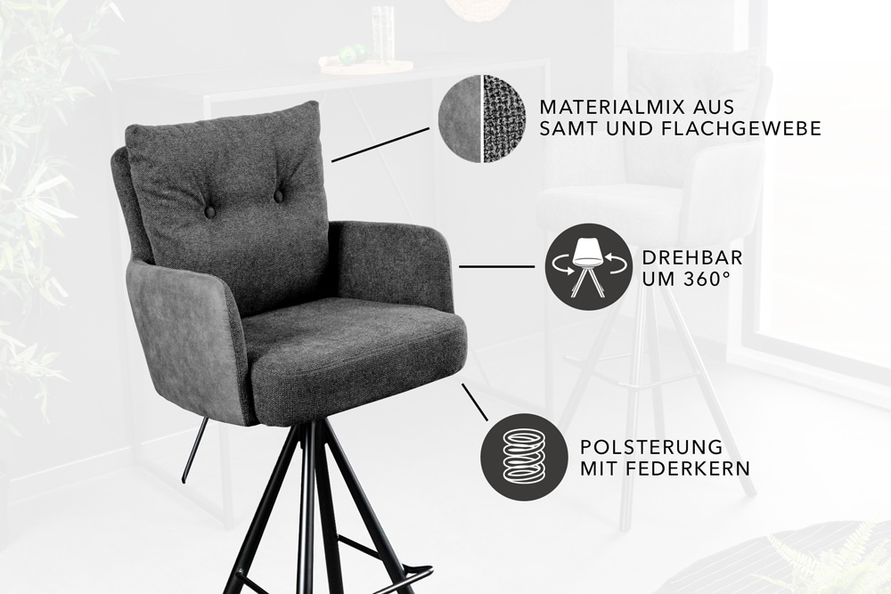 Drehbarer Design Barhocker BIG GEORGE anthrazit Samt Taschenfederkern mit Armlehnen