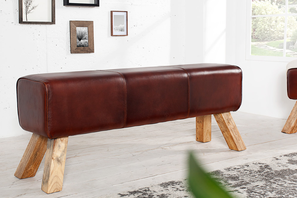 Retro Sitzbank TURNBOCK 120cm mit Echtleder Bezug Mangoholz Bank