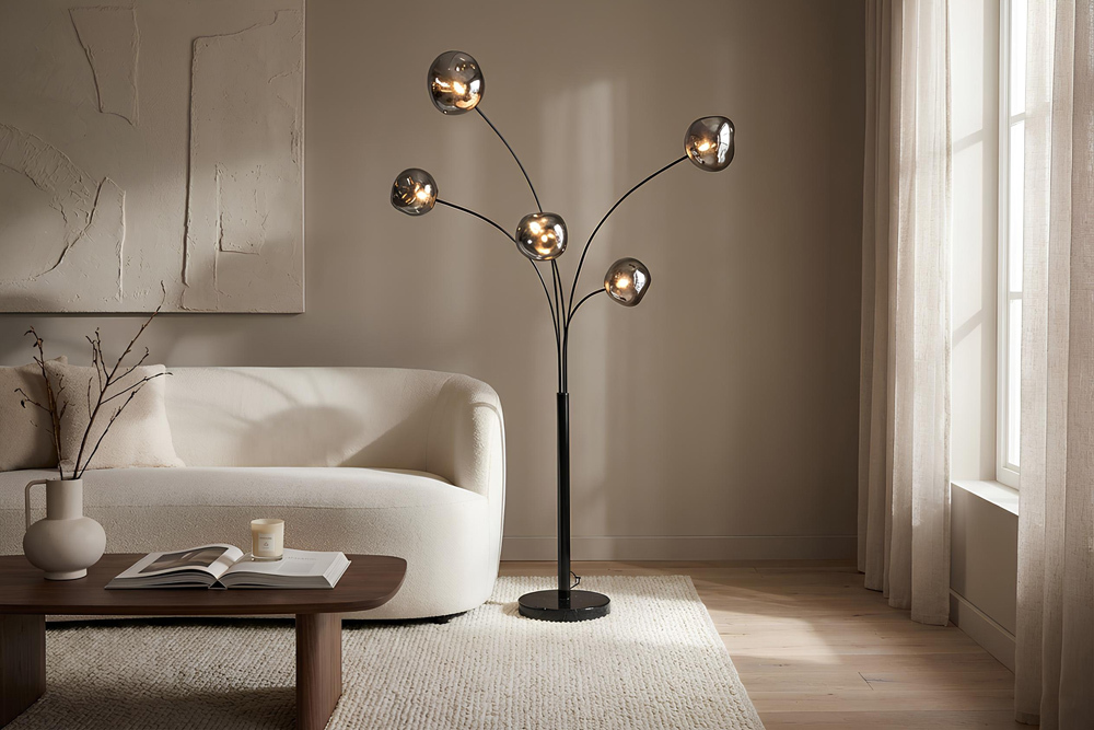 Design Stehlampe LIQUID DIAMOND 200cm schwarz smoke grau fünf Glasschirme mit Marmorfuß