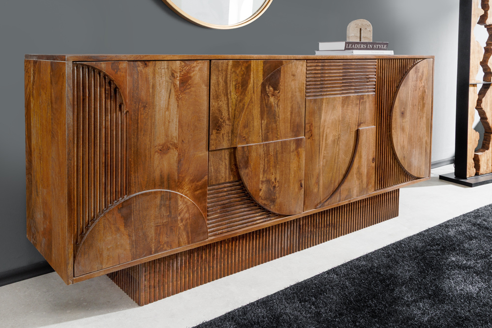 Massives Sideboard ART DECO 170cm braun smoke Mangoholz 3D-Front