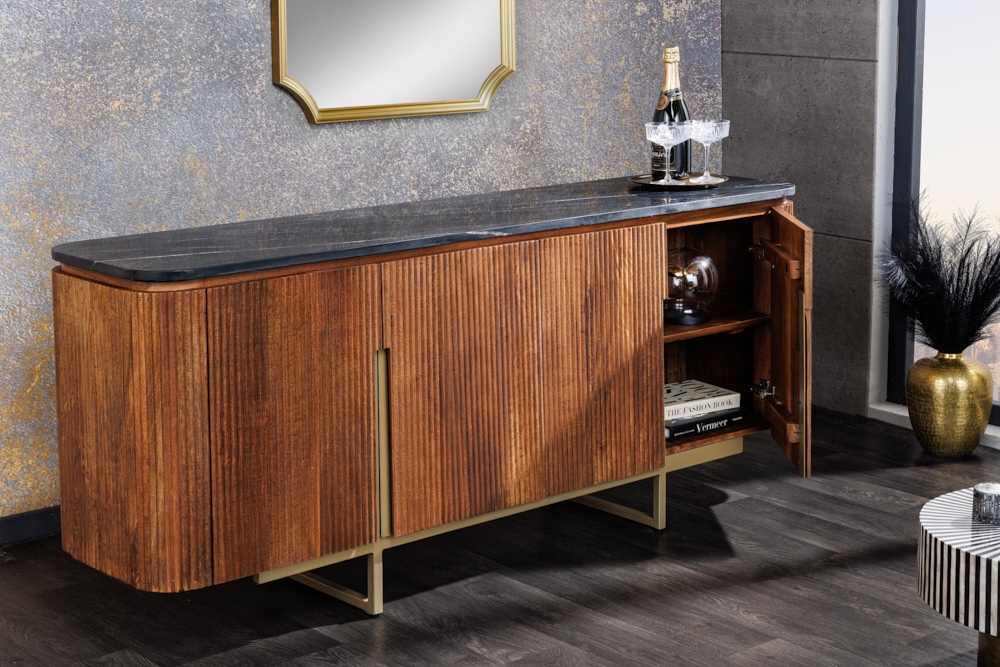 Design Sideboard GATSBY 160cm braun gold Mangoholz Marmor Metallgestell