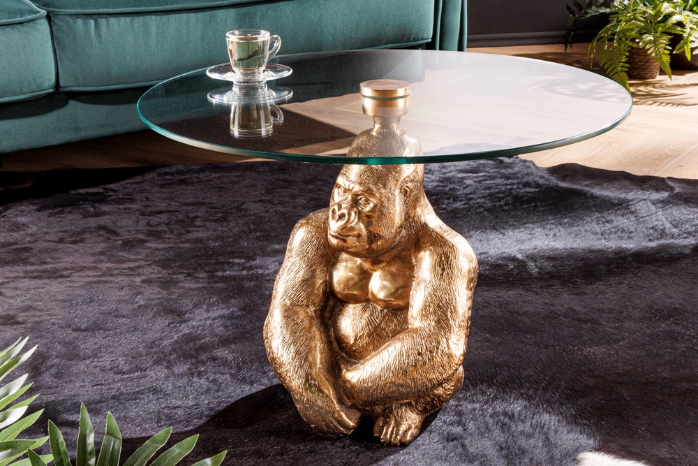 Runder Couchtisch WILDLIFE KONG 60cm gold Metall Glas Affenfigur Gorilla Skulptur handmade