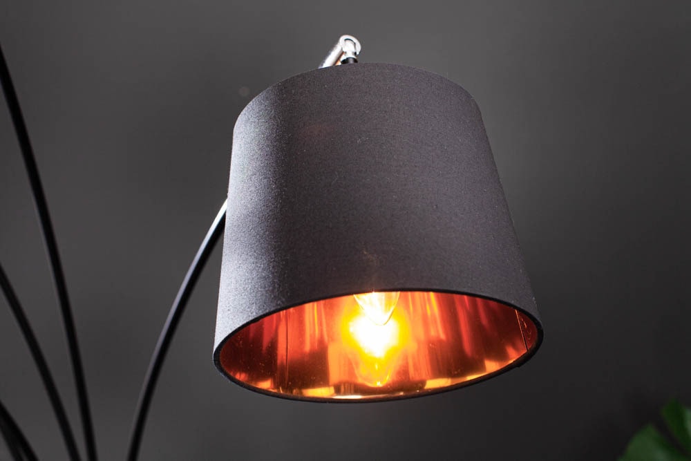 Design Bogenlampe LEVELS 205cm schwarz gold 5 neigbare Leinenschirme Stehlampe
