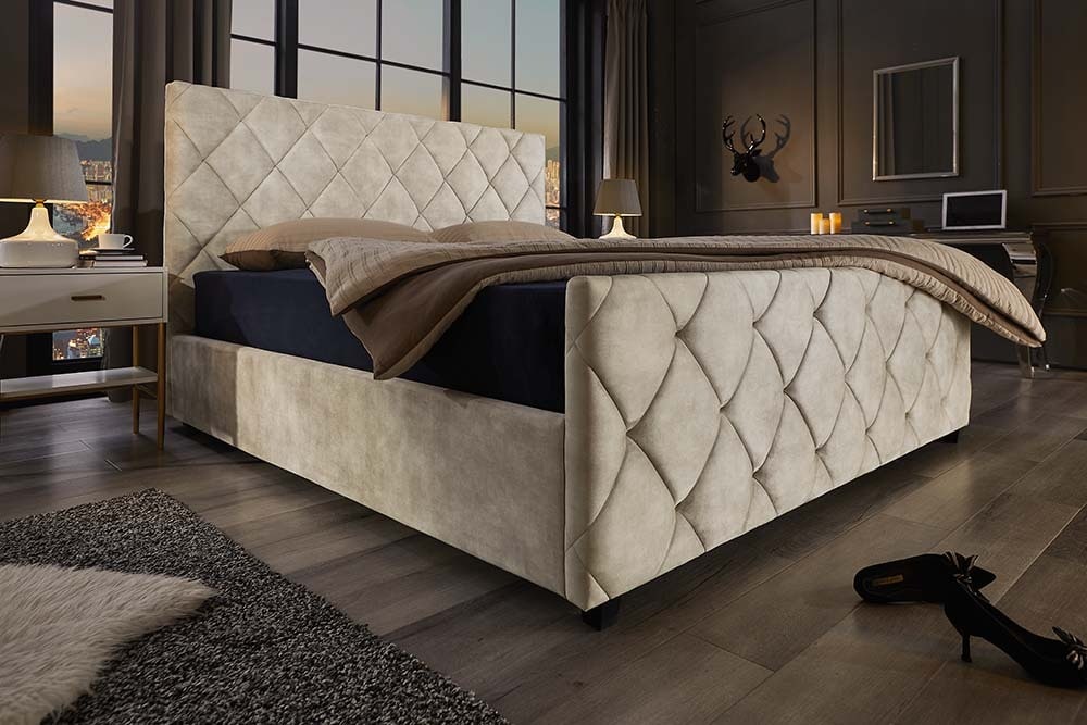 Design Boxbett ELYSIUM 160x200cm champagner beige Samt mit Stauraum und Lattenrost