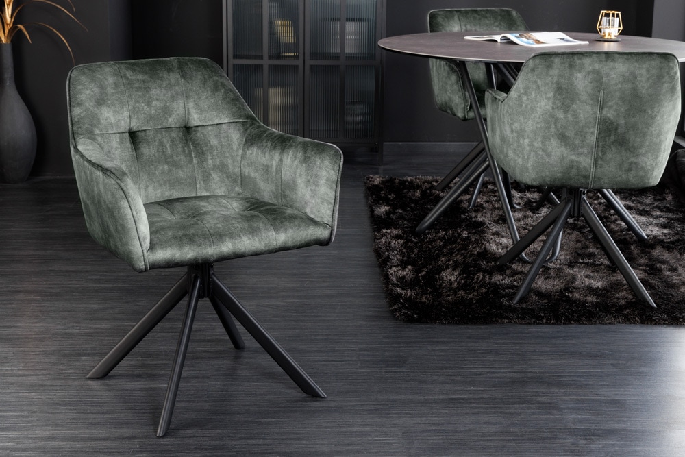 Design Stuhl LOFT grün Samt drehbar Metallgestell schwarz mit Armlehne