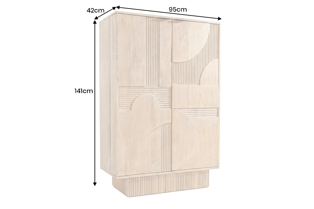 Massiver Barschrank ART DECO 140cm weiß gekälkt Mangoholz 3D-Front Highboard