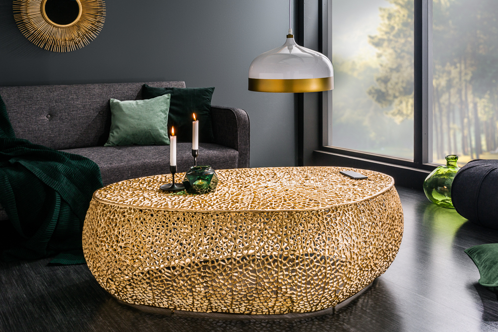 Filigraner Design Couchtisch ABSTRACT LEAF 130cm gold Handarbeit