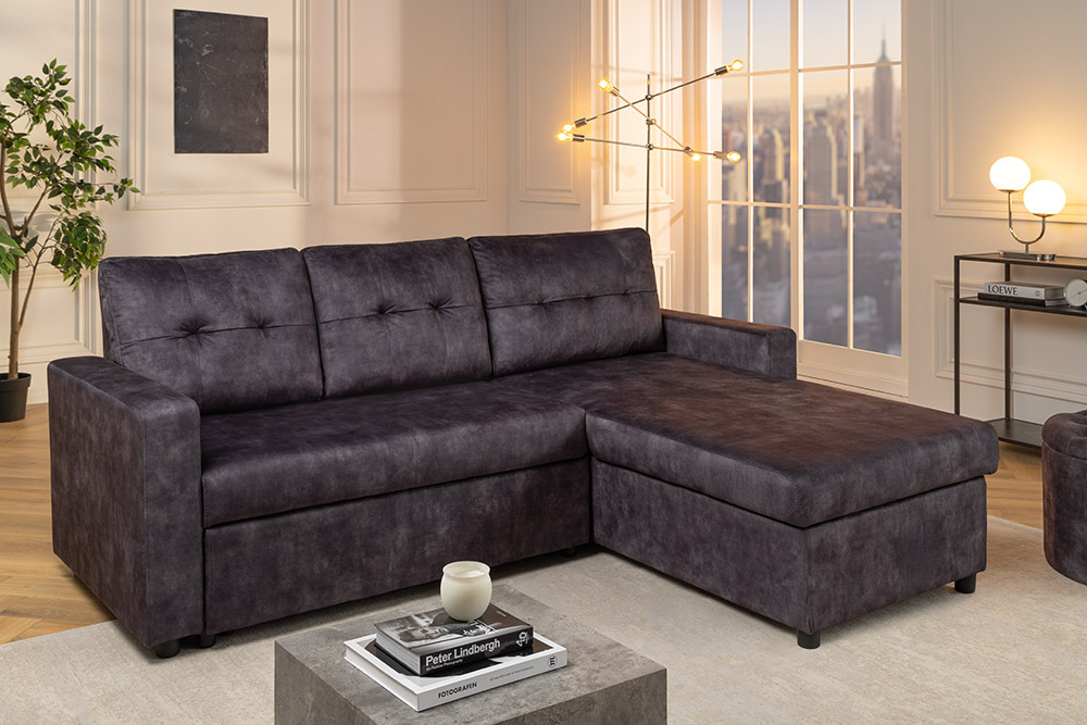Ecksofa mit Schlaffunktion APARTMENT beidseitig aufbaubar grau Samt inkl. Stauraum