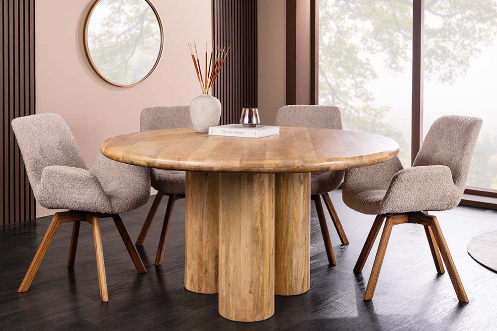 Runder Esstisch ART DECO 140cm natur Mangoholz massiv mit Säulenfüßen