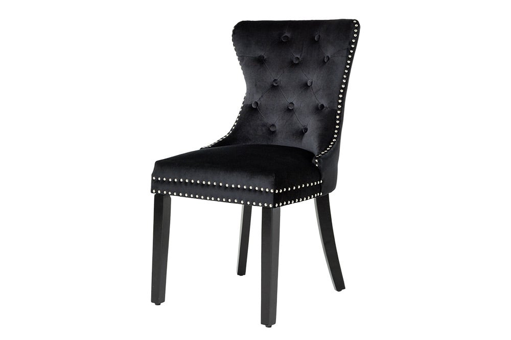 Chesterfield Stuhl CASTLE schwarz Samt Massivholz Ziernieten mit Komfortgriff