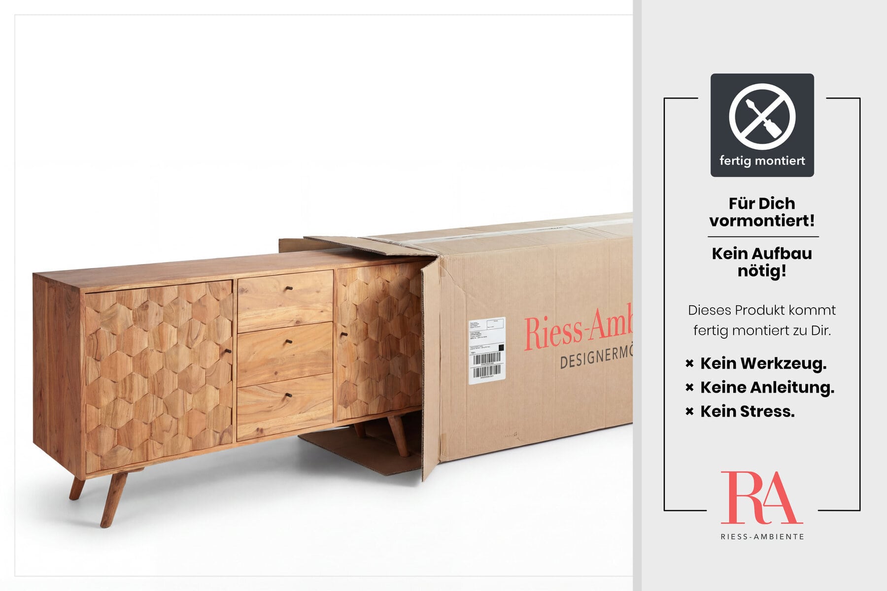Massivholz Sideboard MYSTIC LIVING 145cm Akazie natur Kommode mit Schubladen 3D-Design