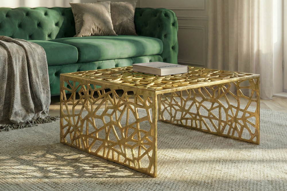 Handgearbeiteter Couchtisch ABSTRACT 60cm Alu gold im Gap Design