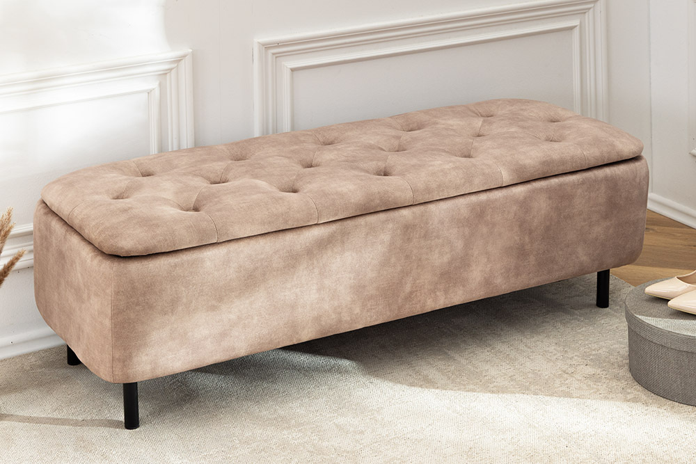 Extravagante Polsterbank EN VOGUE 120cm beige Samt mit Stauraum schwarze Metallbeine