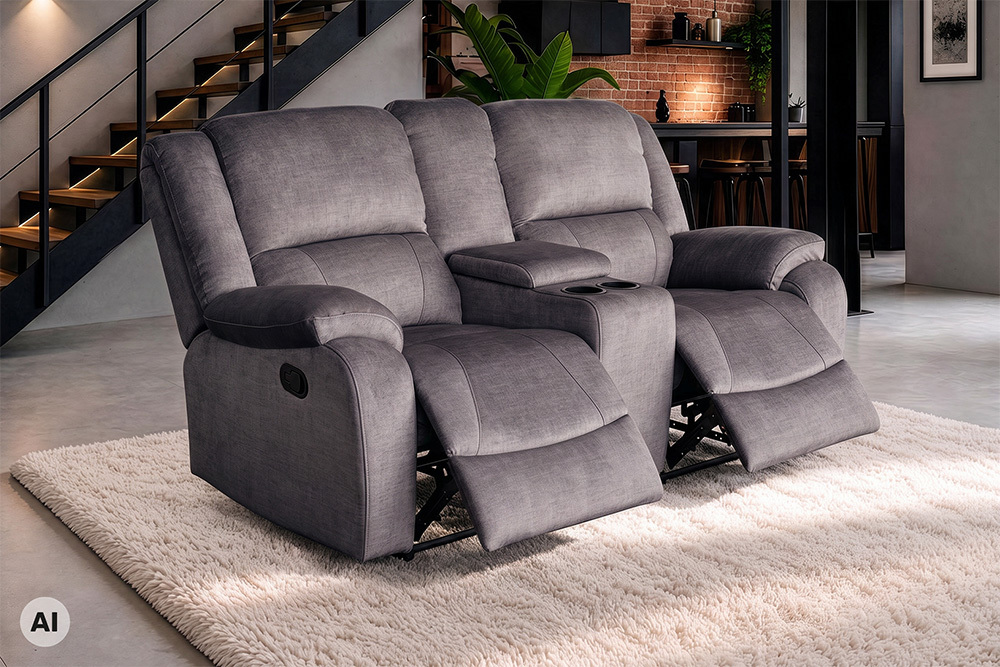 Exklusiver 2er Kinosessel HOLLYWOOD grau hochwertiger Vogue Veloursstoff mit Cupholder