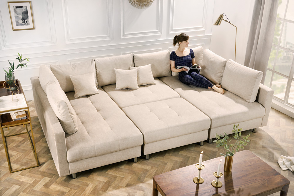 XXL Wohnlandschaft KENT 305cm champagner beige Vogue Velours Samt Federkern mit Hocker