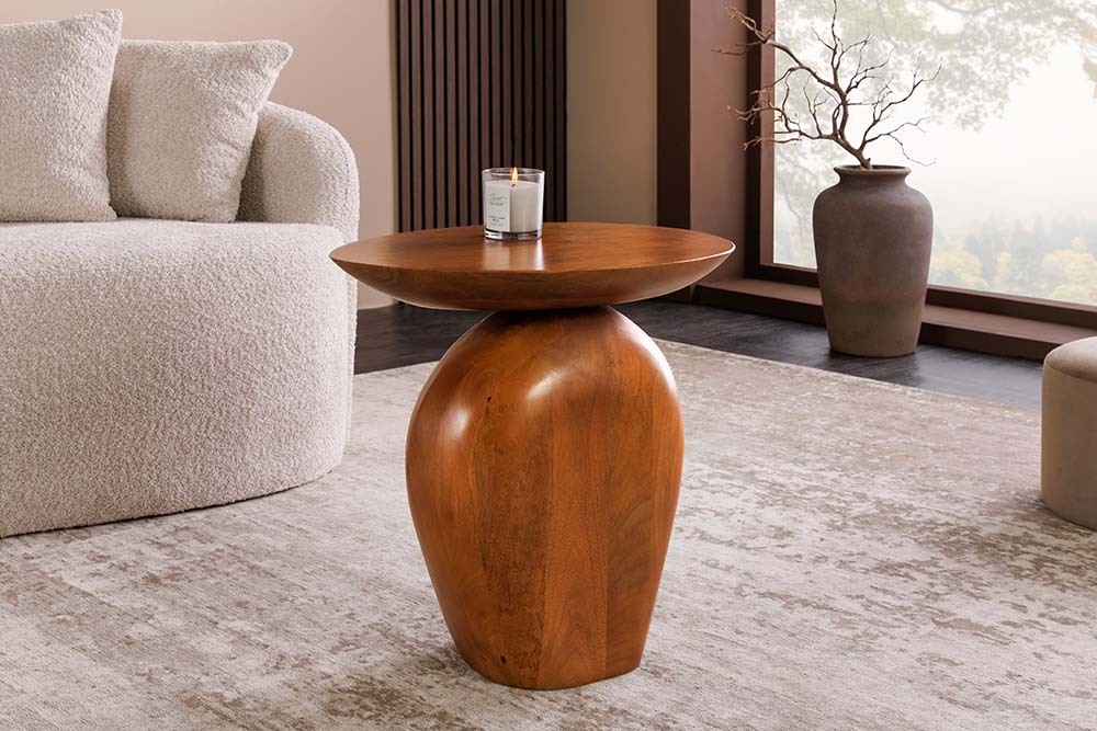 Massiver Beistelltisch ORGANIC 50cm braun Mangoholz oval Säulenfuß