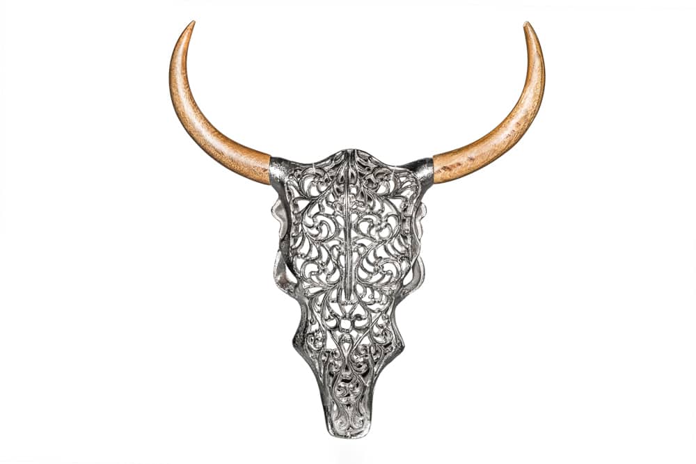 Extravagante Wanddekoration EXOTIC BULL 60cm silber Mangoholz Stierkopf